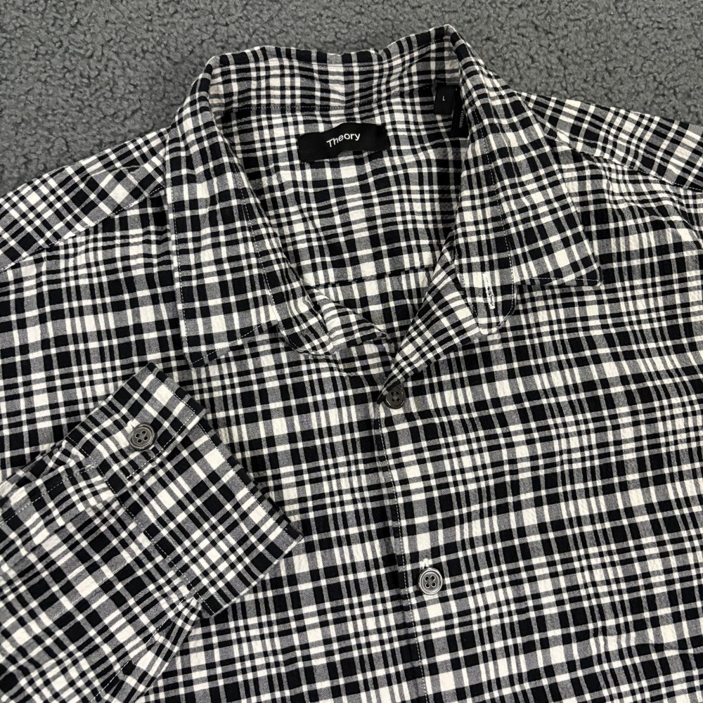 Theory Shirt Mens Large Black White Plaid Seersucker Button Up Cotton